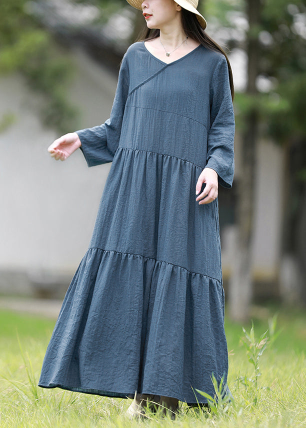 Blue V Neck Patchwork Cotton Long Dresses Spring