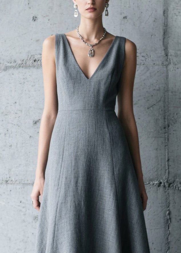 Charcoal Grey V Neck Patchwork Cotton Long Dress Summer