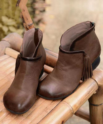 Tassel Splicing Chunky Ankle Boots Brown Cowhide Leather