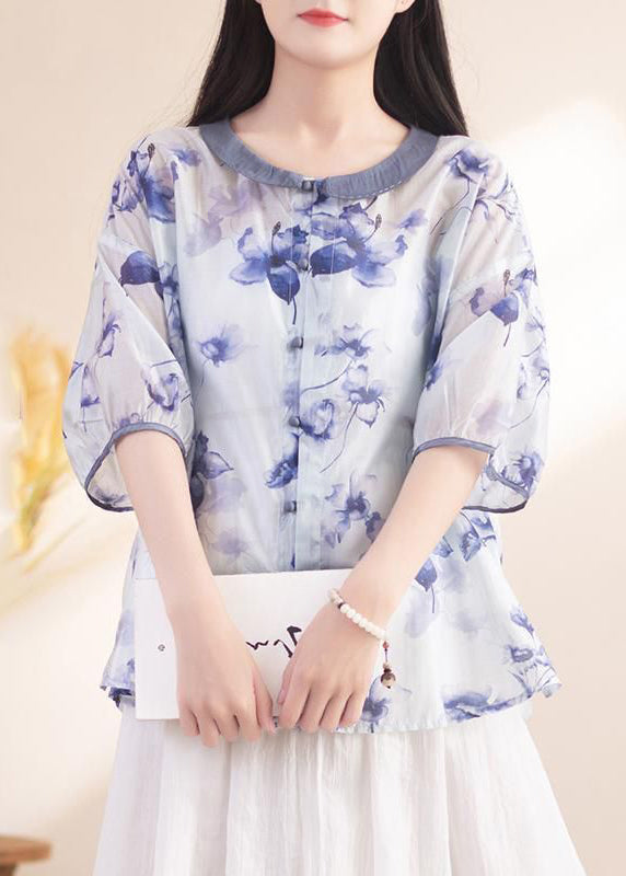 Diy Blue Oversized Print Linen Shirt Top Half Sleeve