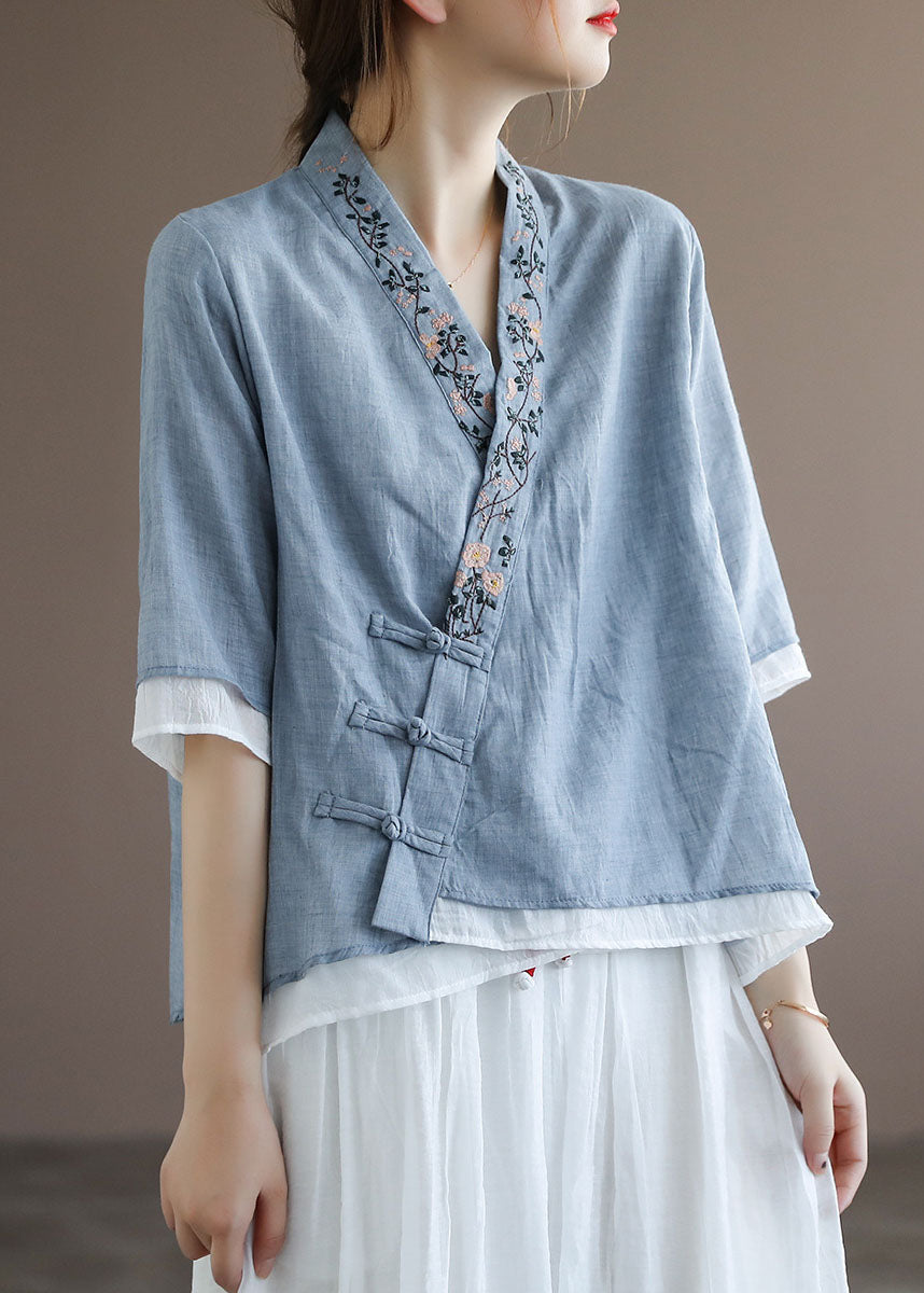 Chinese Style Lake Yellow Leopard Print V Neck Double-deck Cotton Top Half Sleeve