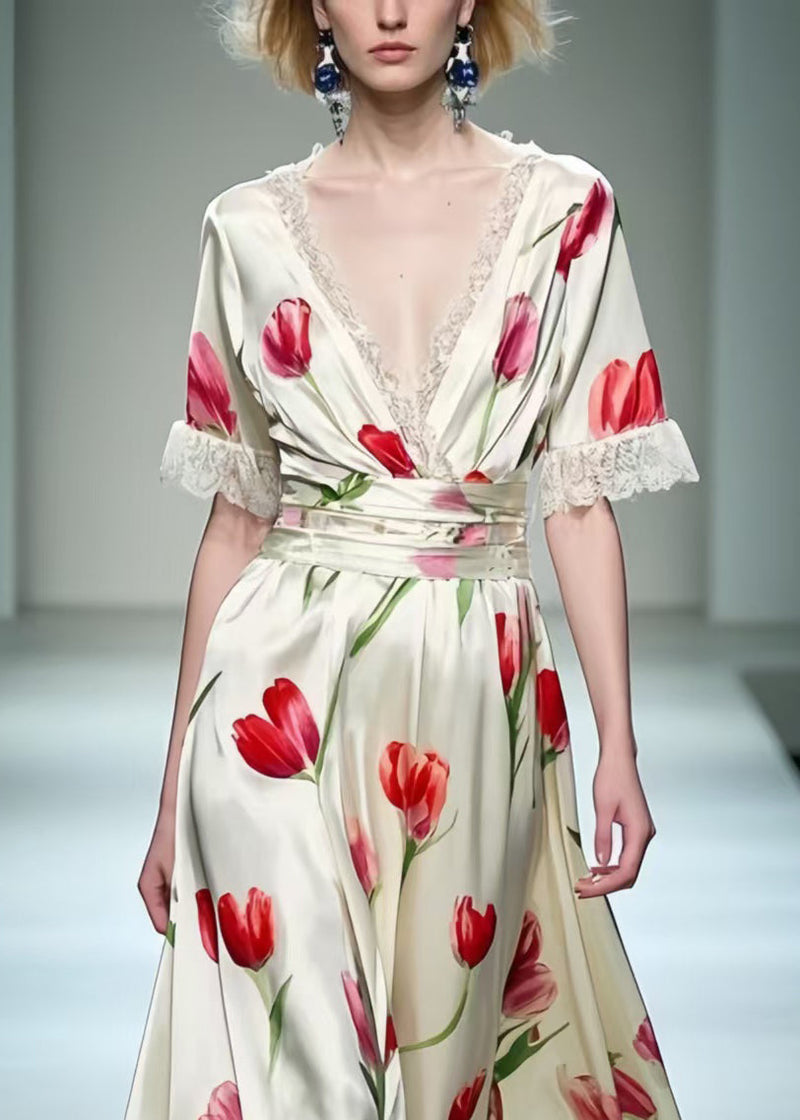 White Print Patchwork Lace Long Dress Summer