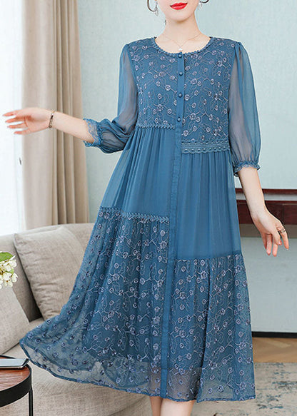 Blue Embroideried Patchwork Silk Dresses Spring