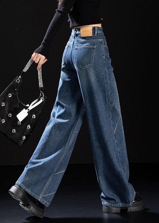 Stylish Blue Pockets Zircon Warm Fleece Denim Pants Spring