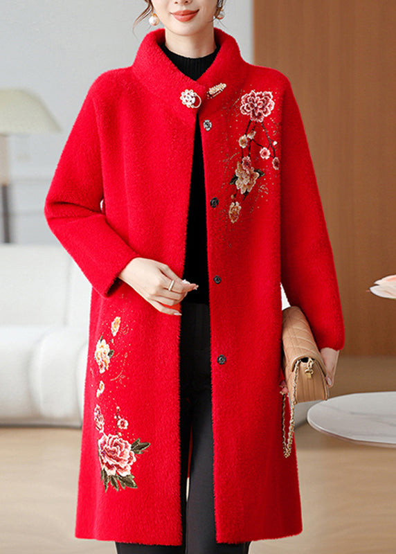 Red Embroidered Long Mink Velvet Coats Spring