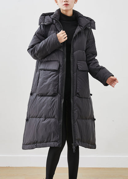 French Black Hooded Big Pockets Duck Down Jacket in Winter