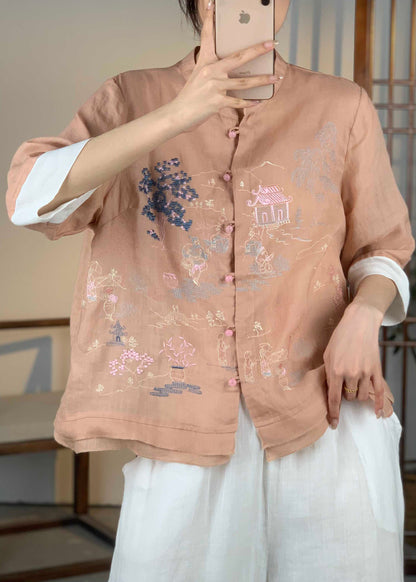 Orange Embroidered Patchwork Linen Shirt Bracelet Sleeve