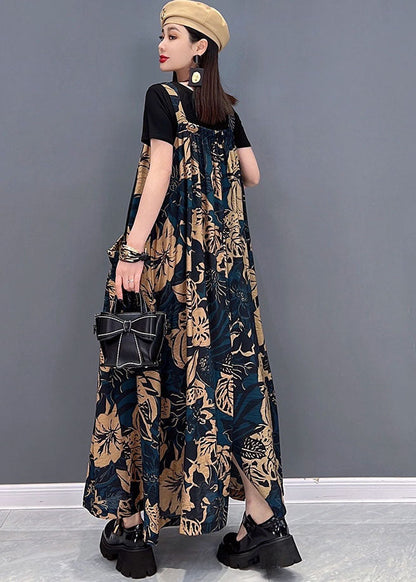 Chocolate Big Pockets Side Open Print Cotton Long Dresses Summer