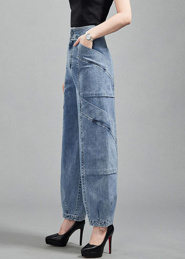 Light Blue Pockets Patchwork Cotton Denim Lantern Pants Trousers Spring