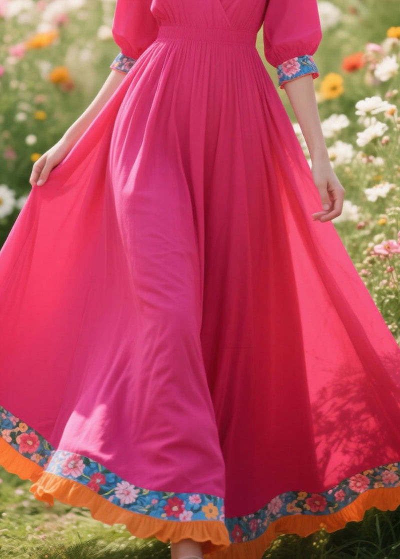 Rose V Neck Patchwork Cotton Vacation Dresses Summer