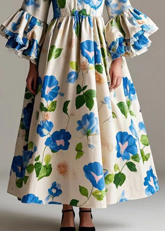 Beige Print Cotton a Line Dress Flare Sleeve Spring