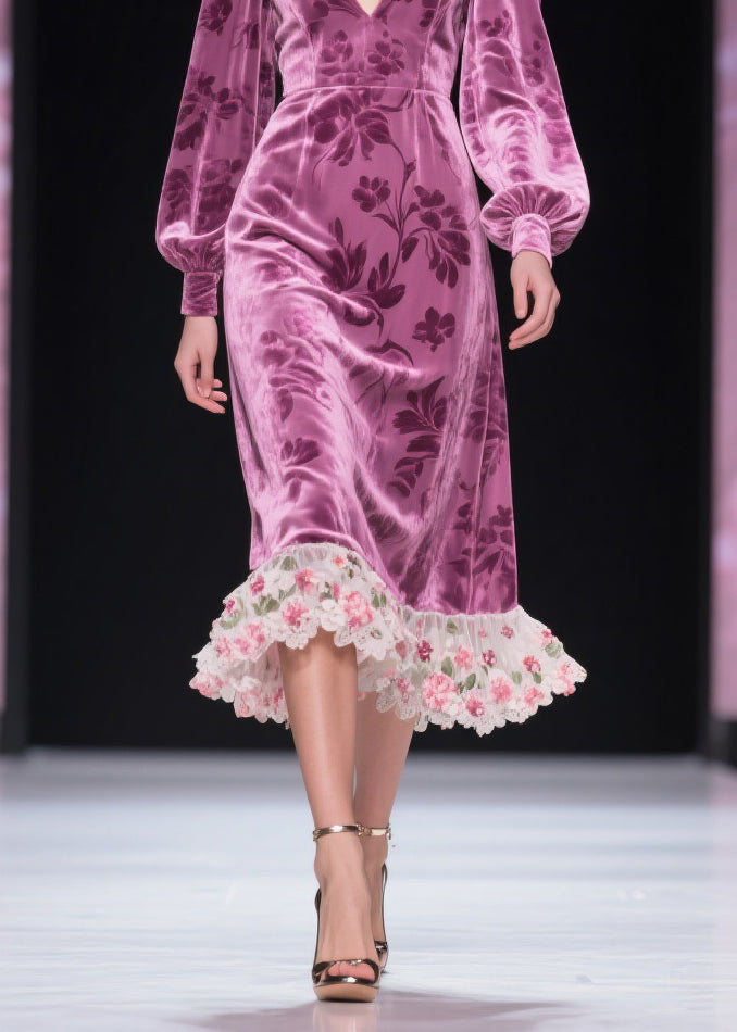 Purple Tulle Patchwork Silk Velvet Dress V Neck Spring