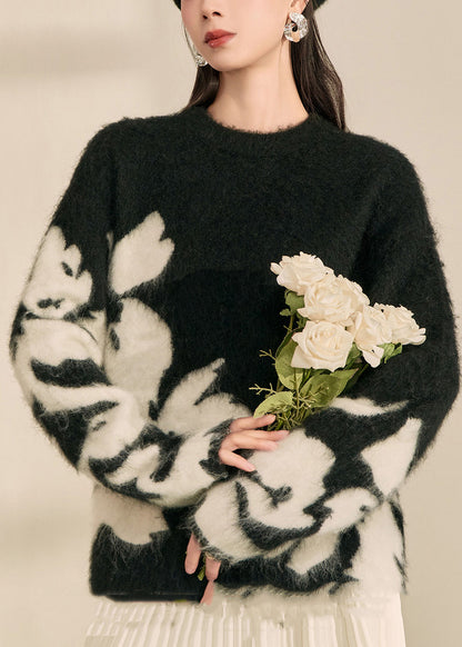 Modern Black O-neck Print Cotton Knit Cardigan Fall