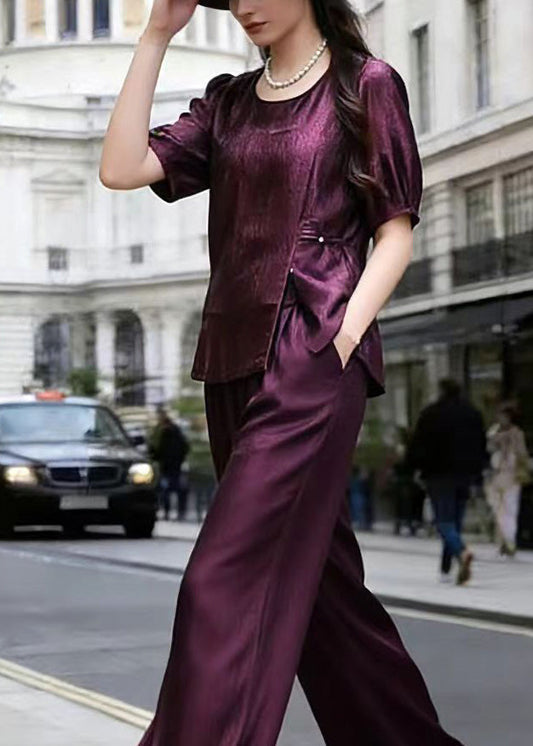 Purple Top and Wide Leg Pants Silk Two Piece Set Summer