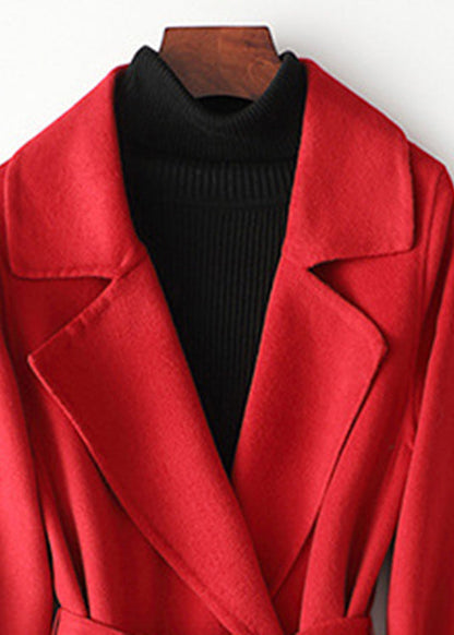 Red Notched Patchwork Woolen Long Coats Fall