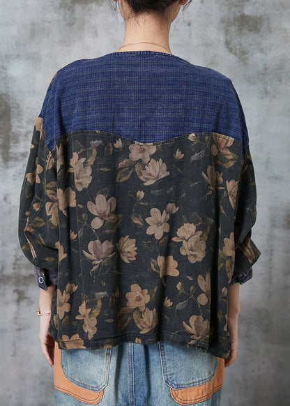 Black Print Patchwork Pockets Linen Blouses Spring