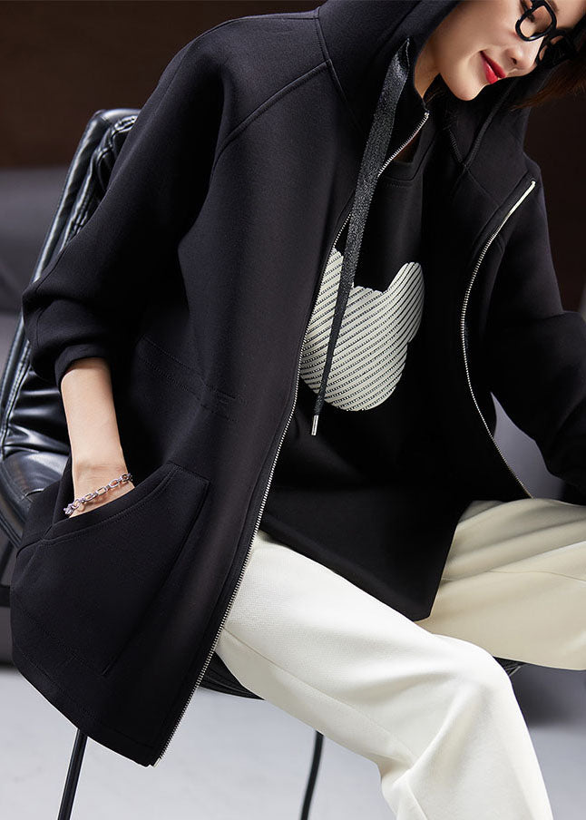Black Drawstring Zippered Hooded Coat Fall