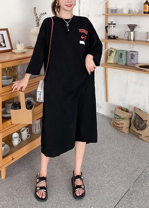 Black Graphic Cotton O Neck Summer Mid Dress