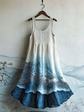 Japanese Sea Waves Art Lace Patchwork Flowy Linen Dress artswardrobe
