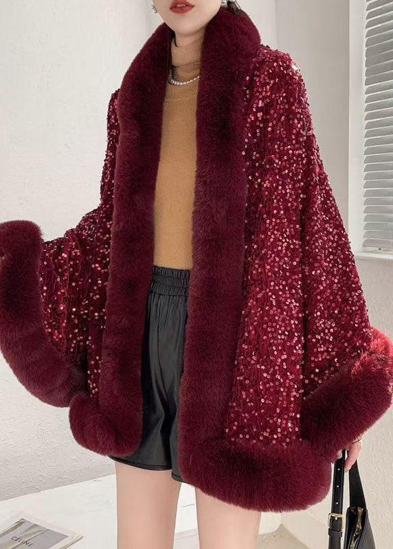 Red Fur Collar Sequins Warm Fleece Cape Coat Winter