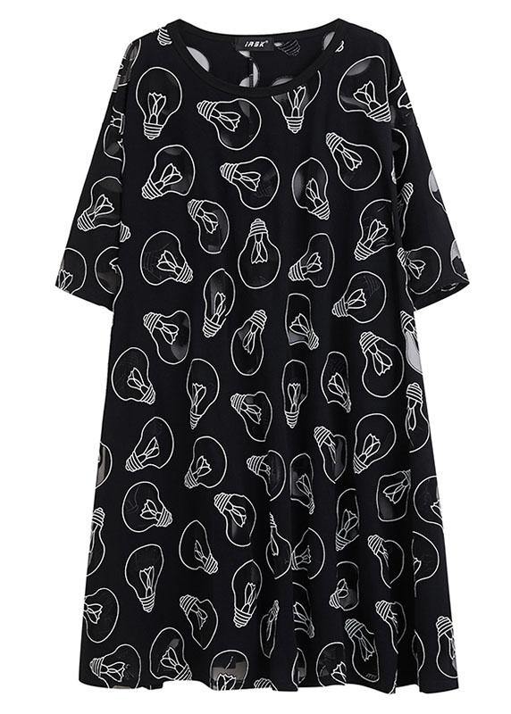 Fine Black O-neck Loose Summer Jacquard Dresses Half Sleeve