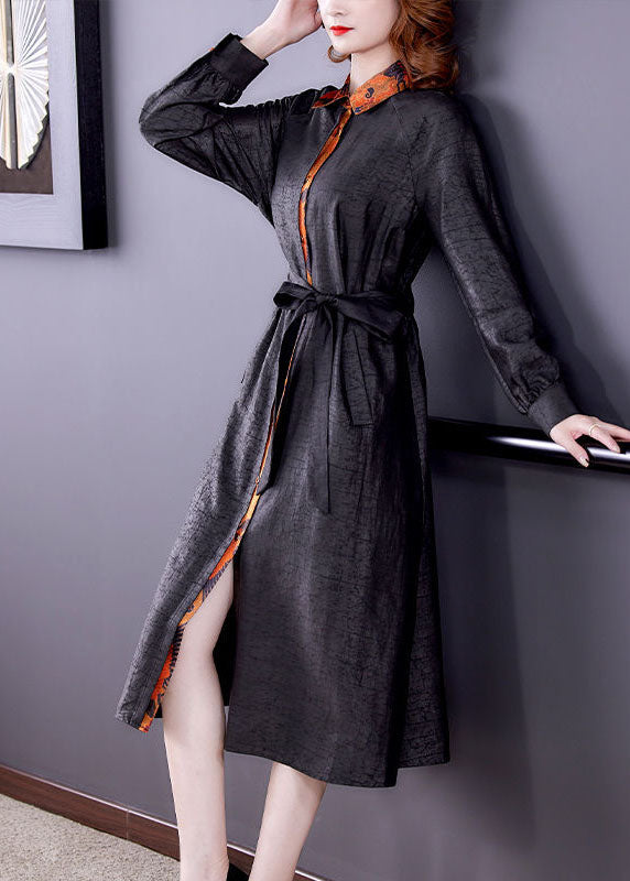 Black Patchwork Tie Waist Silk Fake Two Piece Trench Coat Long Sleeve
