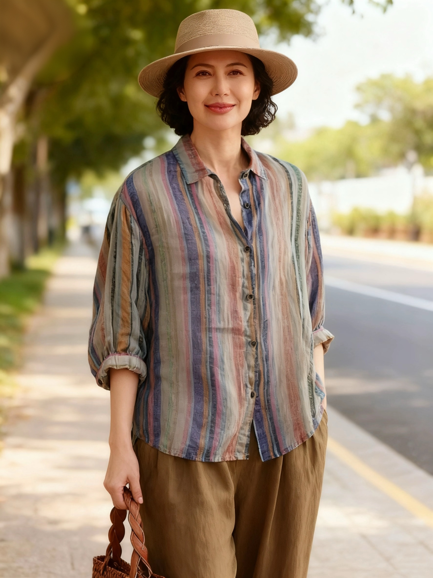 Green Stripe Button Linen Shirt Peter Pan Collar Fall