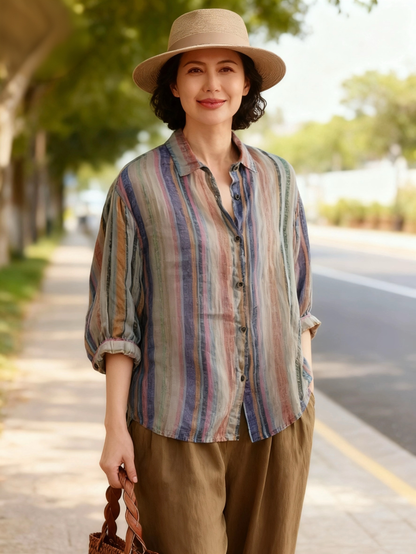 Green Stripe Button Linen Shirt Peter Pan Collar Fall