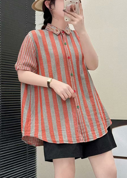 Orange Embroidered Striped Linen Blouses Summer