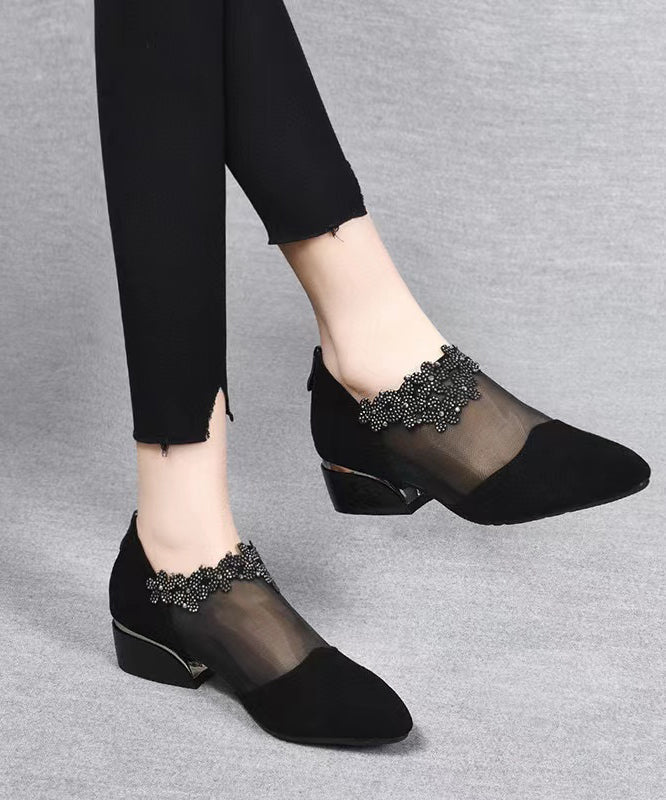 Black Suede Tulle Splicing Zircon High Heels Boots