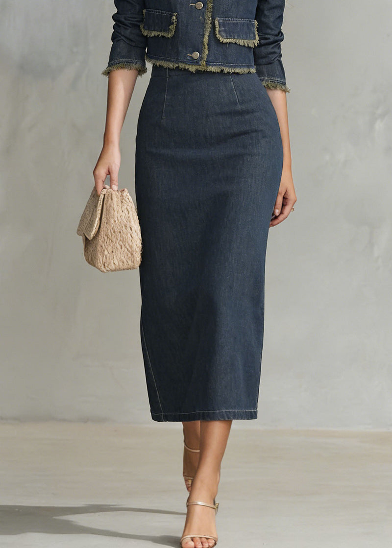 Navy V Neck Coat and Skirts Denim Two Piece Set Spring