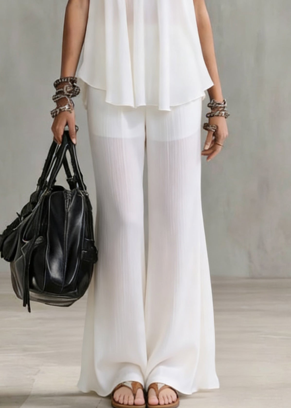 Boutique White V Neck Tops and Wide Leg Pants Chiffon Two Pieces Set Summer