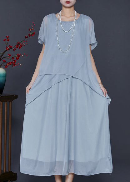 Light Grey Oversized Patchwork Silk Ankle Dress Summer