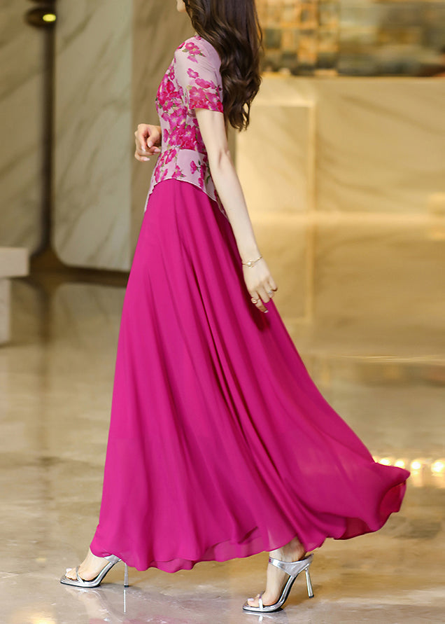 Rose Asymmetrical Print Patchwork Chiffon Dresses Summer