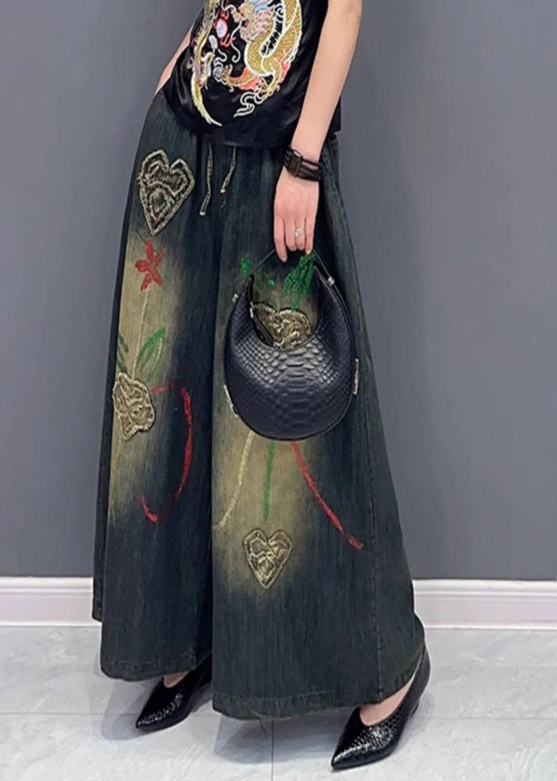 Embroideried Elastic Waist Wide Leg Jeans