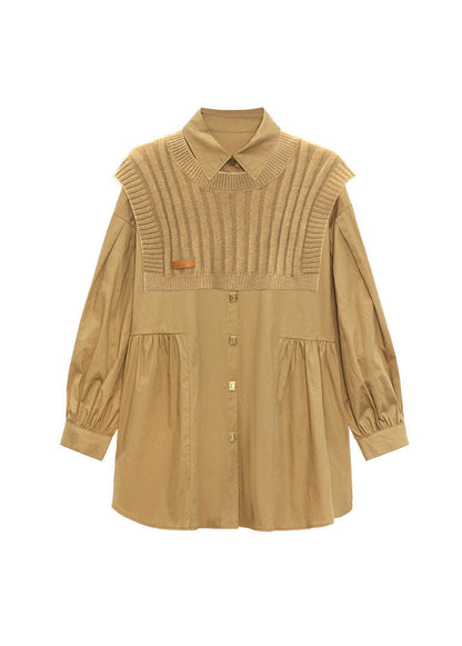 Simple Khaki Peter Pan Collar Cinched Shirt Knit Vest Two Pieces Set Spring