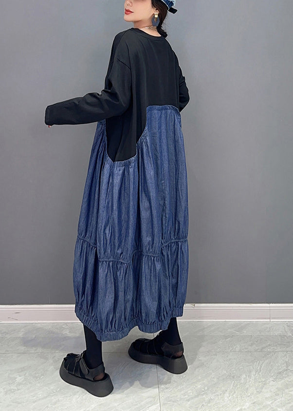 Colorblock Oversized Patchwork Wrinkled Denim Dress Spring