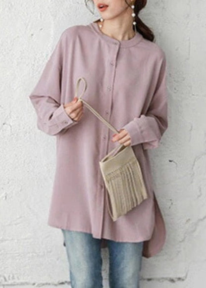 White Stand Collar Button Side Open Low High Design Shirt Long Sleeve