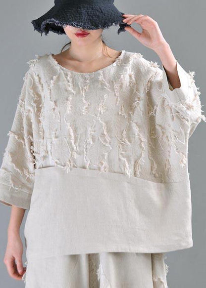 Boutique Beige Patchwork Batwing Sleeve Cotton Linen Top Summer