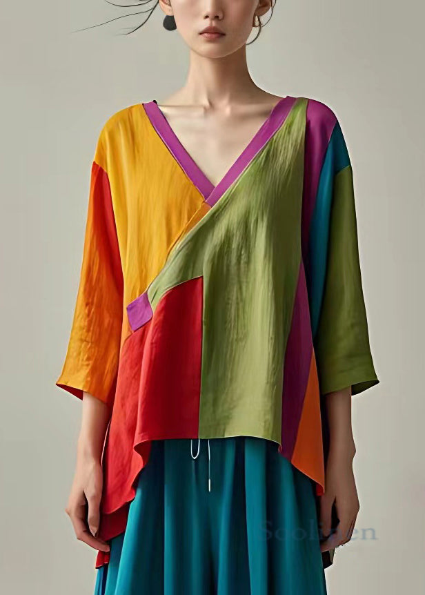 Yellow Asymmetrical Patchwork Linen Tops Bracelet Sleeve