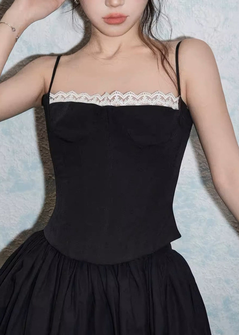 Slim Fit Black Lace Spaghetti Strap Tank and White Skirts Cotton Two Pieces Set Sleeveless