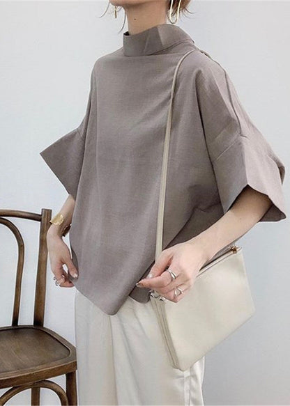 Navy Stand Collar Cotton Shirt Batwing Sleeve