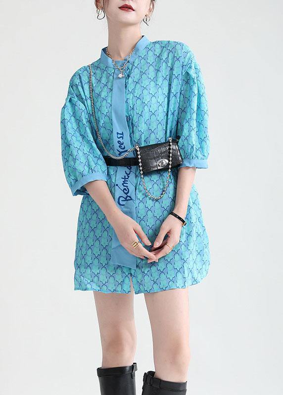 Fine Blue Print Stand Collar Asymmetrical Design Half Sleeve Top