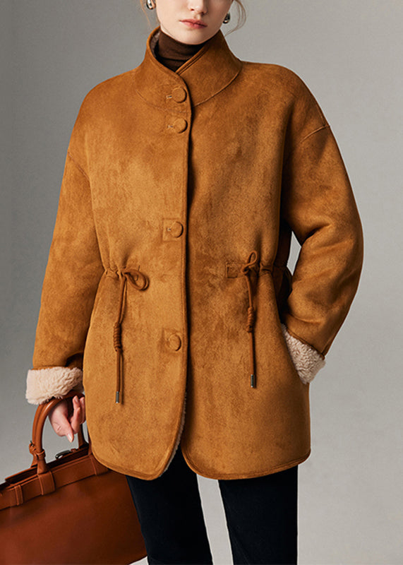 Camel Drawstring Button Wear on Both Sides Coats Winter