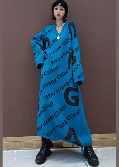 Blue Print Loose Knit Sweater Long Dress Spring