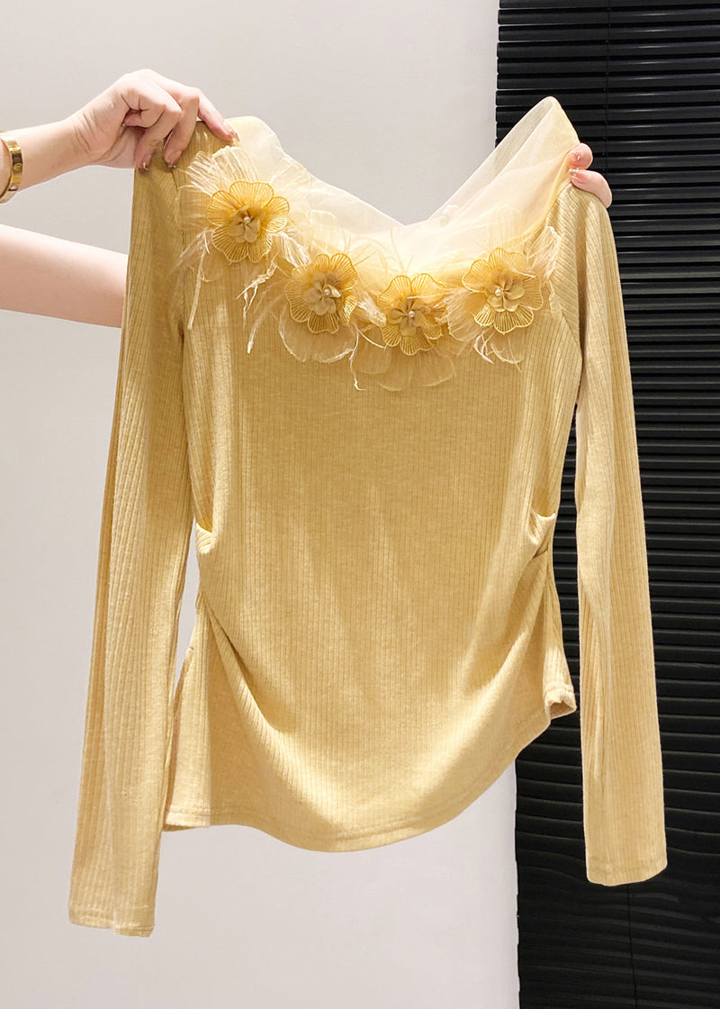 Yellow Decorated Side Open Cotton Tops Fall