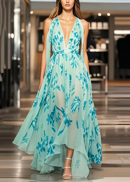 Light Blue Print Exra Large Hem Chiffon Sundress Summer