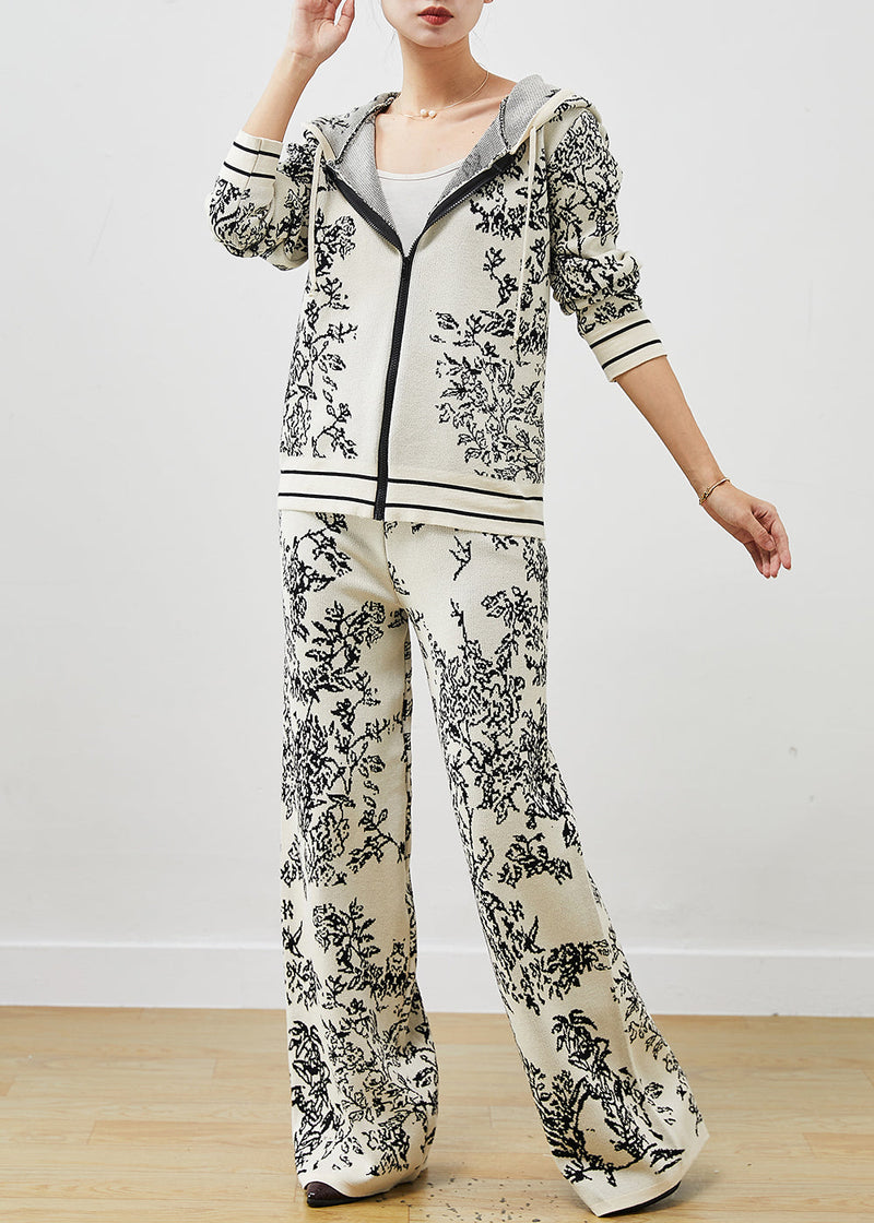 Style White Hooded Print Knit Sets 2 Pieces Spring