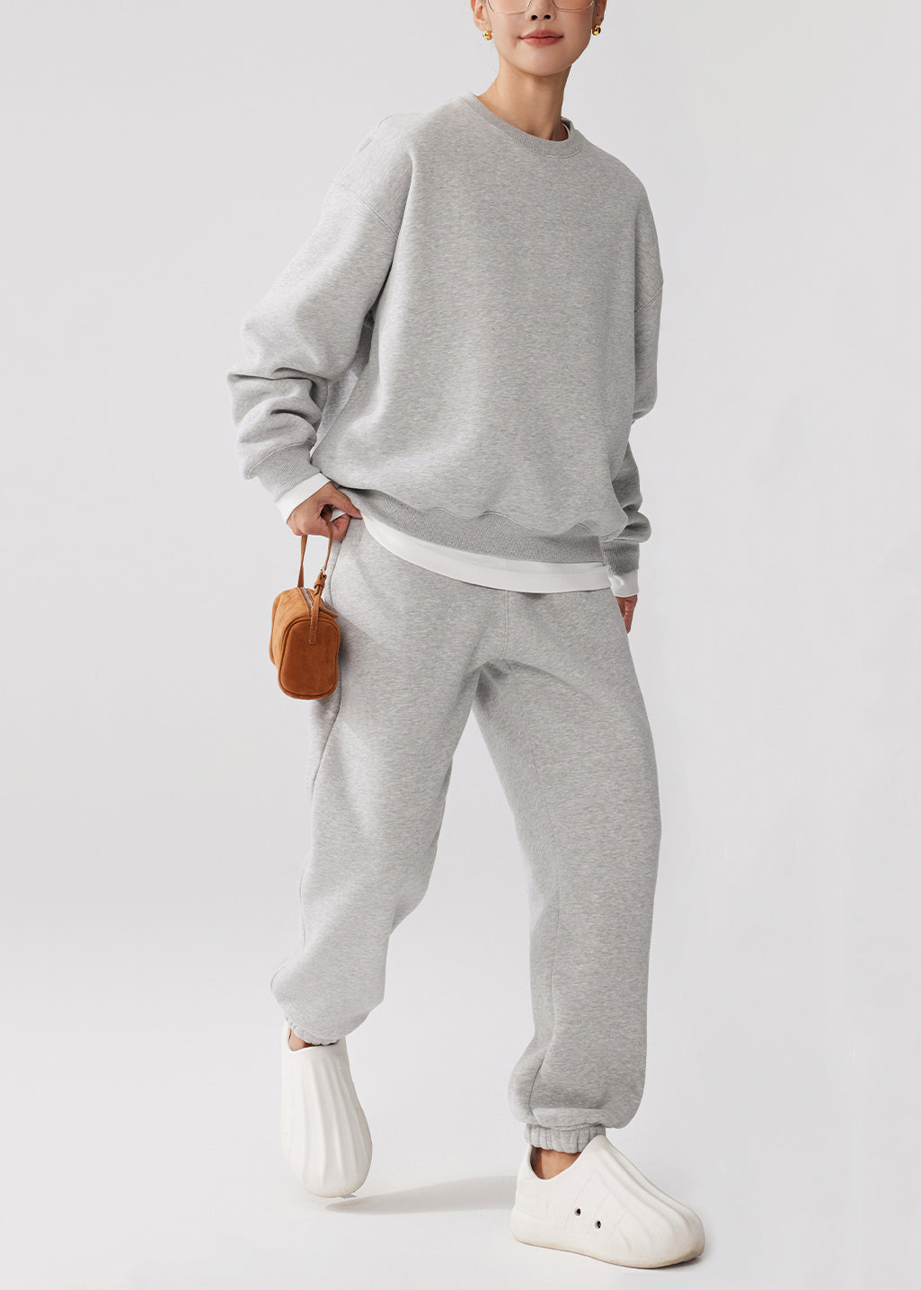 Loose Apricot O Neck Sweatshirt and Pants Warm Fleece Two Piece Set Winter