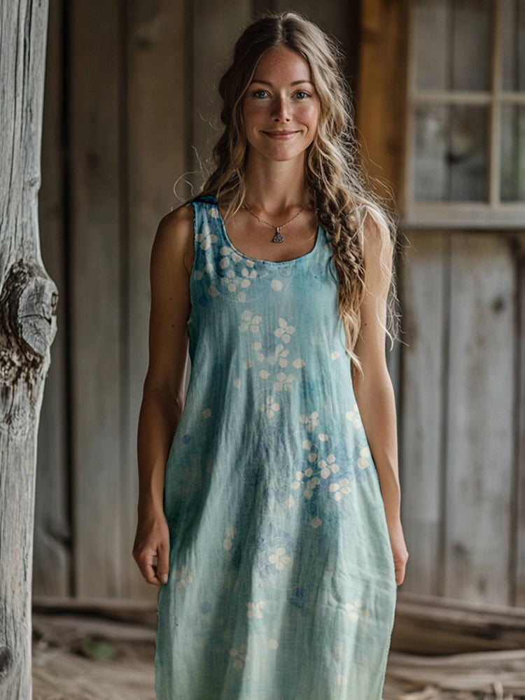 Comstylish Vintage Japanese Cherry Blossoms Art Linen Maxi Dress